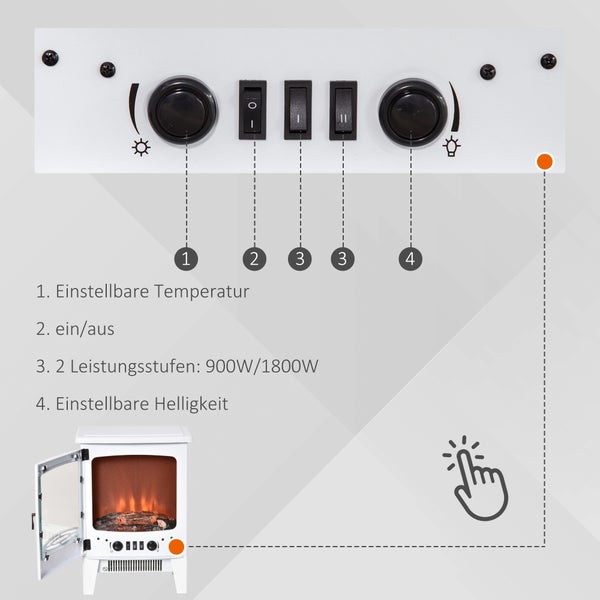 HOMCOM LED Elektrokamin mit Flammeneffekt, 900/1800W, 39 x 26 x 54,8 cm, Metall, ABS-Kunststoff, Glas, Weiß
