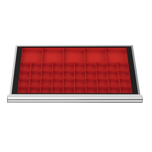 Schubladeneinteiler mit roten Fächern unterschiedlicher Größe für Werkstattwagen oder Werkzeugschränke.