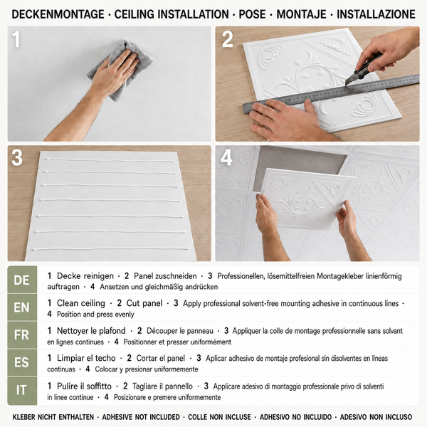Anleitung zur Deckenmontage von Deckenplatten in vier Schritten mit Vorbereitung, Zuschnitt, Kleberauftrag und Anbringen an der Decke.