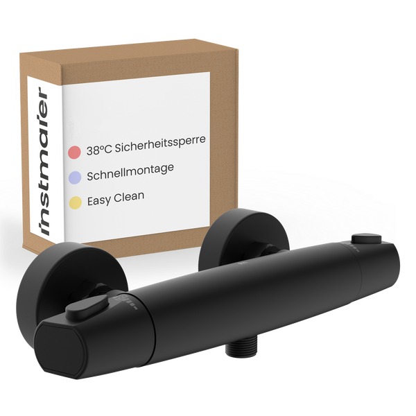 InstaMaier Thermostat Duscharmatur in mattschwarz mit 38 Grad Sicherheitssperre, Schnellmontage und pflegeleichter Easy Clean Oberfläche.