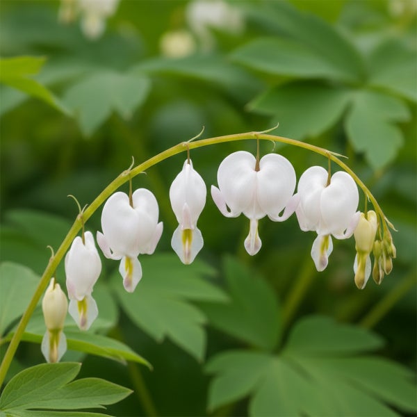 Tränendes Herz Alba mit herzförmigen weißen Blüten an einem gebogenen Stiel.