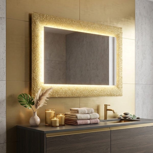 LED-Badezimmerspiegel mit strukturiertem Goldrahmen über einem dunklen Waschtisch mit Handtüchern, Kerzen und goldener Armatur.