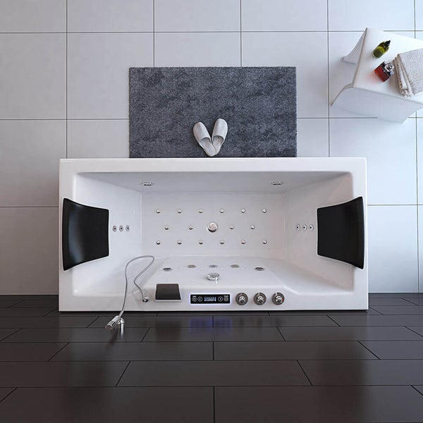 Rechteckige Whirlpool Badewanne mit Massagedüsen, Kopfstützen, Armaturen, Handbrause und digitalem Bedienfeld in einem modernen Badezimmer.