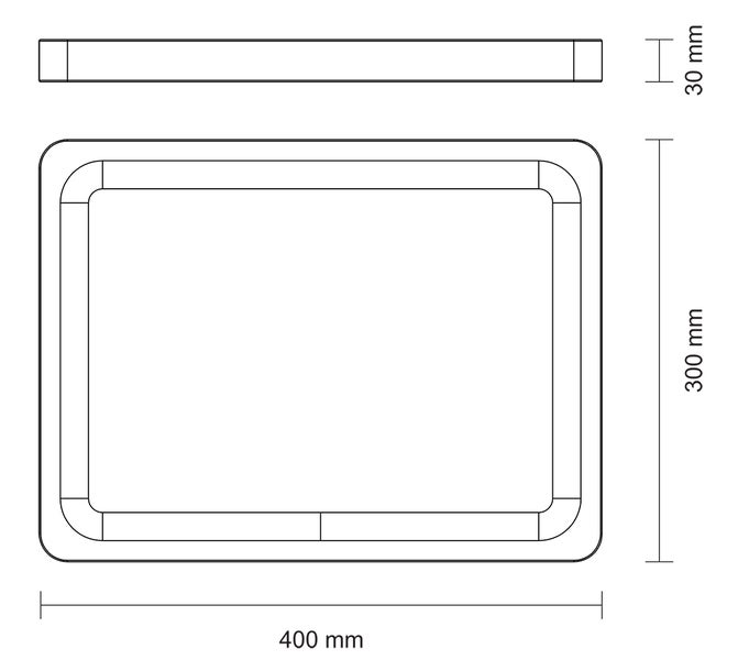 Technische Zeichnung einer rechteckigen Wanne mit abgerundeten Ecken, Maße 400 x 300 x 30 mm
