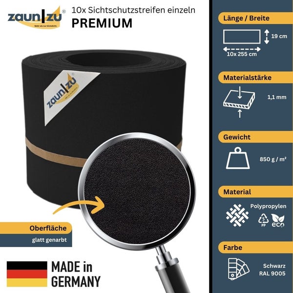 Zehn Sichtschutzstreifen aus Polypropylen, glatte Oberfläche, circa 255 mal 19 Zentimeter, Gewicht 850 Gramm pro Quadratmeter