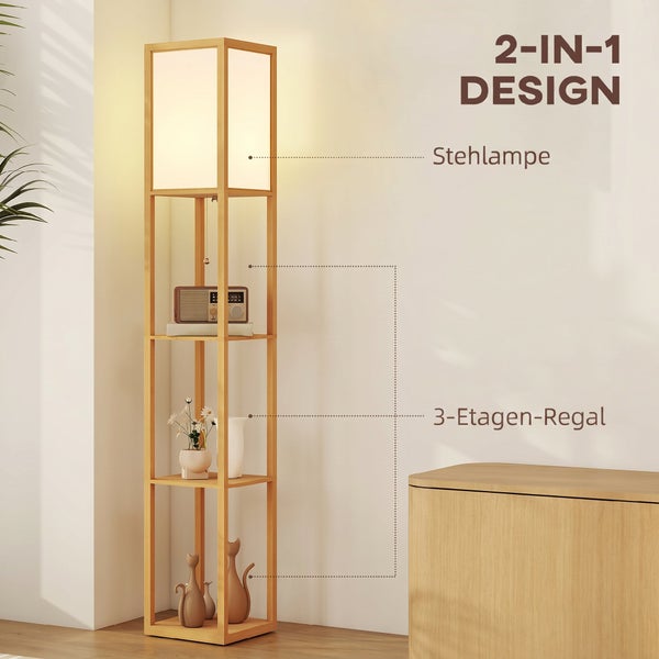 Stehlampe aus Holz mit integriertem Regal mit drei Etagen, modernes zwei in eins Design mit Textilschirm.