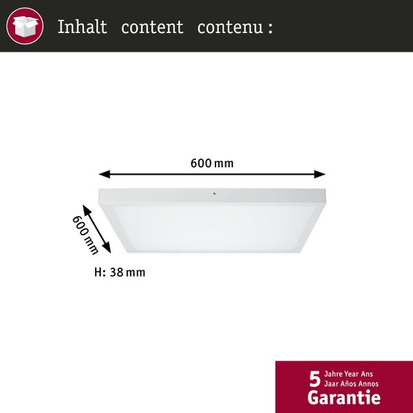 Quadratisches LED-Panel mit den Maßen 600 Millimeter mal 600 Millimeter und einer Höhe von 38 Millimeter sowie 5 Jahren Garantie.