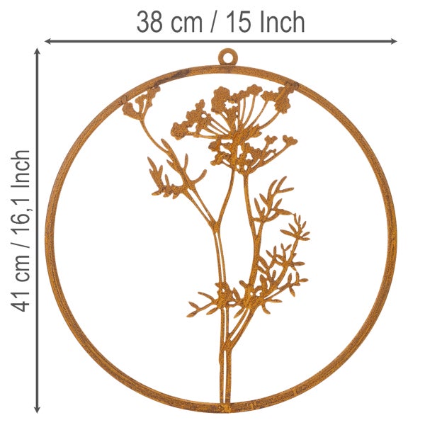 Runde Wanddekoration aus Edelrost mit Pflanzensilhouette, Breite 38 Zentimeter, Höhe 41 Zentimeter.