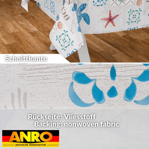 Abwaschbare Tischdecke mit maritimem Muster, Schnittkante und Vliesrückseite. ANRO Logo.