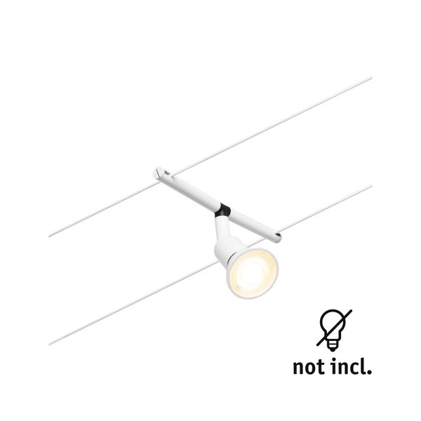 Weißer Spot für ein Seilsystem an zwei parallelen Seilen mit eingeschaltetem Licht. Leuchtmittel nicht inklusive.