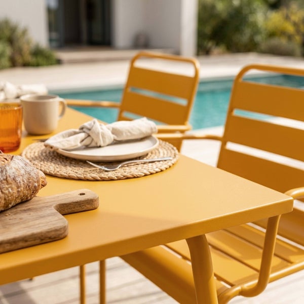 Gedeckter gelber Gartentisch aus Metall mit Stühlen auf einer Terrasse am Pool, inklusive Geschirr und Brot auf einem Holzbrett.