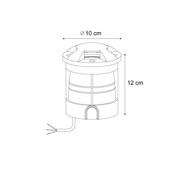 Maßzeichnung einer zylindrischen Außenleuchte mit einem Durchmesser von 10 Zentimetern und einer Höhe von 12 Zentimetern.