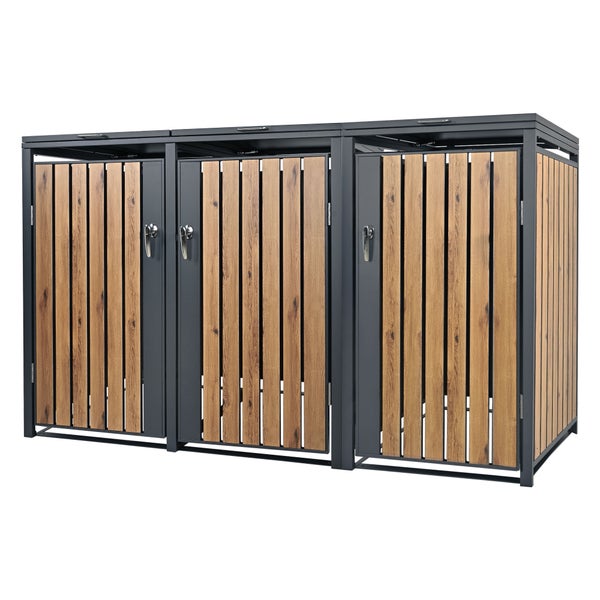 ML-Design Mülltonnenbox 3er 3 Tonnen 240L 200x80x116,3cm Anthrazit-Eichenoptik, Stahl, wetterfest/abschließbar Mülltonnenverkleidung Klappdeckel/3 Türen Müllbox Mülltonnecontainer Mülltonnenabdeckung