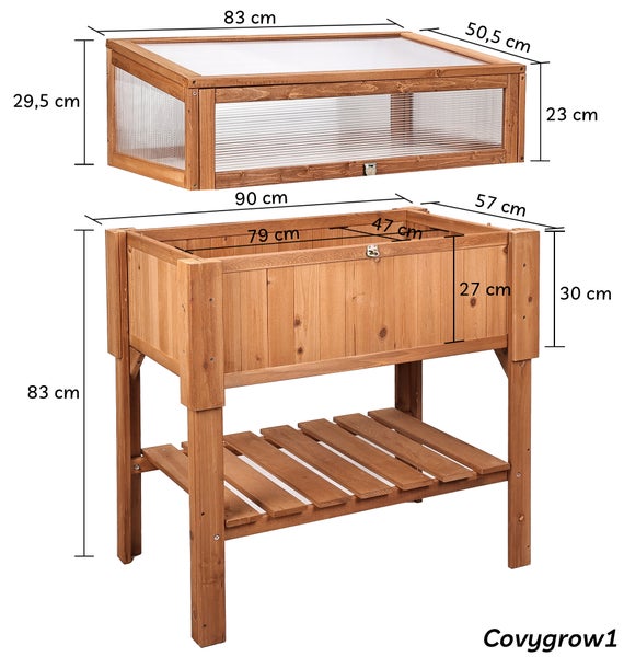 Braunes Hochbeet aus Holz mit Frühbeetaufsatz, Gesamtmaße 90 mal 57 mal 83 Zentimeter, Innenmaße des Kastens 79 mal 47 mal 27 Zentimeter.