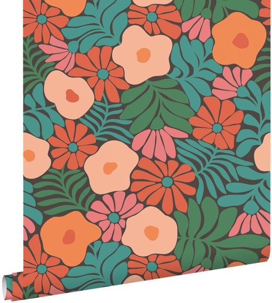 ESTAhome Tapete Blumen im Matisse-Stil Dunkelgrün, Orange und Blau - 50 x 900 cm - 131008