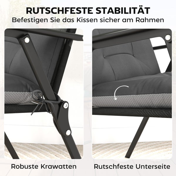Detailansicht einer grauen Gartenstuhlauflage mit Befestigungsbändern am schwarzen Rahmen und einer rutschfesten Unterseite für stabilen Halt.