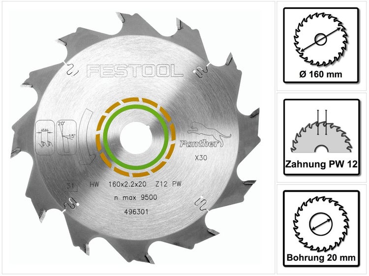 Festool Panther Kreissägeblatt HW 160 x 20 x 2,2 PW12 12 Zähne ( 496301 )