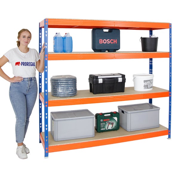 PROREGAL Profi Schwerlastregal Rhino HxBxT 180 x 200 x 60 cm 4 Spanplatten-Ebenen 16mm Fachlast 500 kg Blau/Orange
