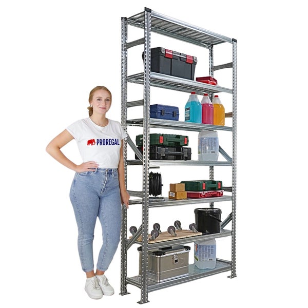 Ein Regal aus Metall mit mehreren Fächern, gefüllt mit Werkzeugkisten und Behältern, neben einer Frau.
