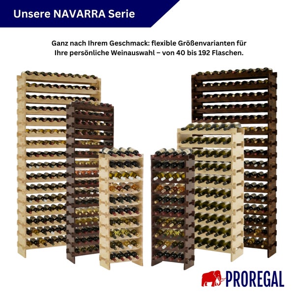 Proregal Weinregale aus Holz der Serie Navarra in verschiedenen Größen und Farben, gefüllt mit Flaschen.