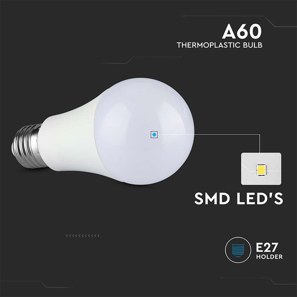 LED Leuchtmittel A60 aus Thermoplast mit E27 Fassung und SMD LEDs.