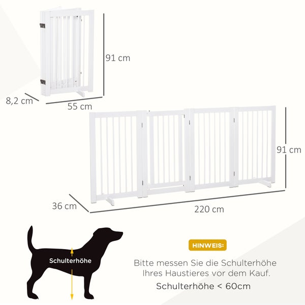 PawHut Absperrgitter Hund 4-teilig, 220 x 91 cm Faltbar Türschutzgitter mit Tür, Freistehend Hundegitter mit 2 Stützfüßen, Treppengitter aus Holz für Flur, Küche, Treppe, Weiß
