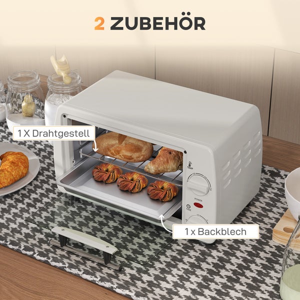 Weißer Mini-Backofen mit Zubehör bestehend aus einem Drahtgestell und einem Backblech.