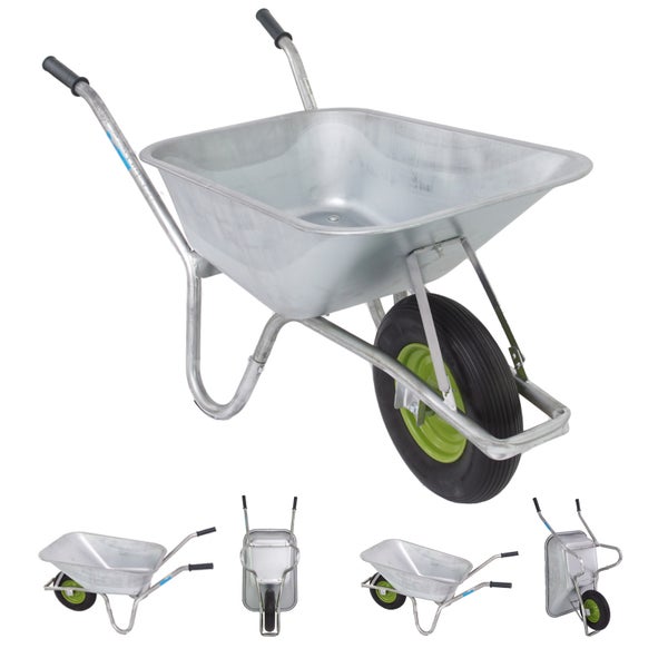 Verzinkte Schubkarre mit einem Rad und zwei Griffen für Garten und Bauarbeiten.