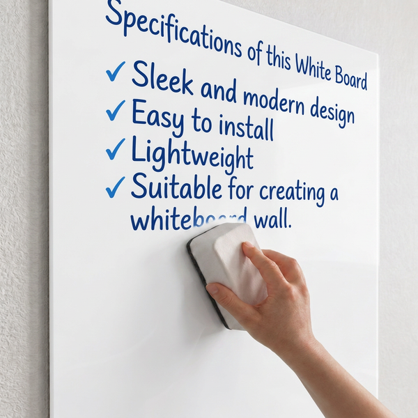 Eine Hand wischt mit einem Schwamm über eine glatte Whiteboard Oberfläche an einer Wand.
