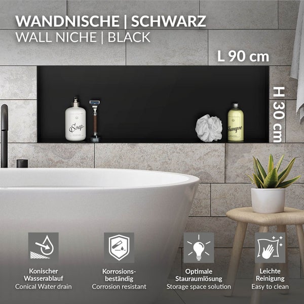 Schwarze Wandnische im Badezimmer über der Badewanne, 90 Zentimeter breit und 30 Zentimeter hoch, korrosionsbeständig mit konischem Wasserablauf.