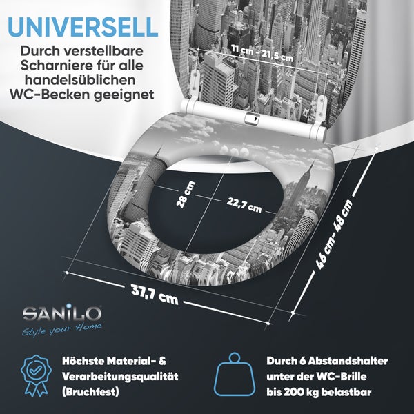 Sanilo WC Sitz mit New York Stadt Motiv, verstellbaren Scharnieren und 6 Abstandshaltern, bis 200 Kilogramm belastbar, inklusive Maßangaben.