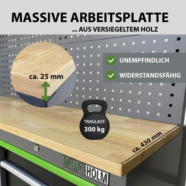 Massive Werkbankplatte aus versiegeltem Holz mit einer Traglast von 300 kg, einer Dicke von circa 25 mm und einer Tiefe von circa 430 mm.