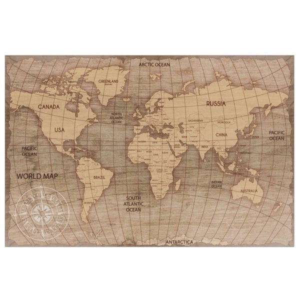 Weltkarte auf Holzoptik, Wandbild mit Kontinenten, Ländernamen und Kompassrose