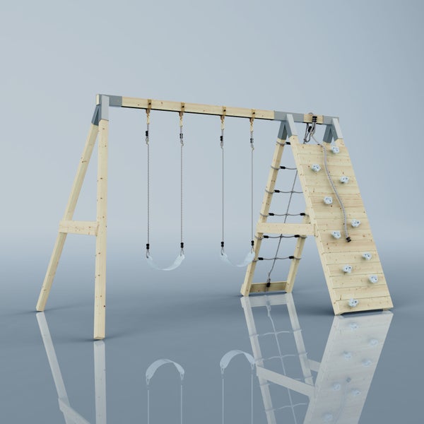 Schaukelgestell aus Holz mit zwei Schaukeln und einer Kletterwand inklusive Kletterseil.