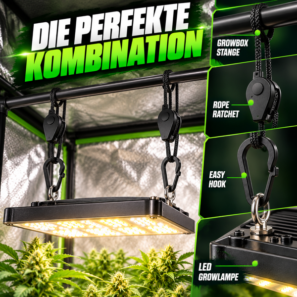 LED Growlampe mit Seilratsche und Haken zur Aufhängung an einer Growboxstange.