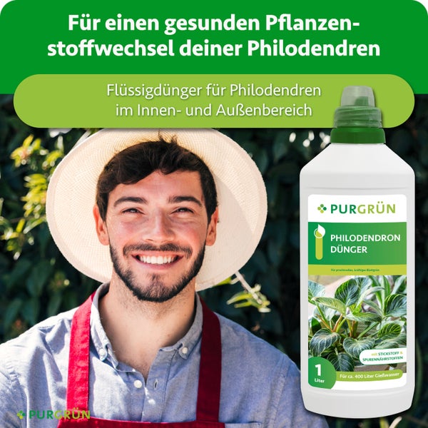 Purgrün Philodendron Flüssigdünger in einer ein Liter Flasche, präsentiert von einem lächelnden Gärtner mit Hut und Schürze.