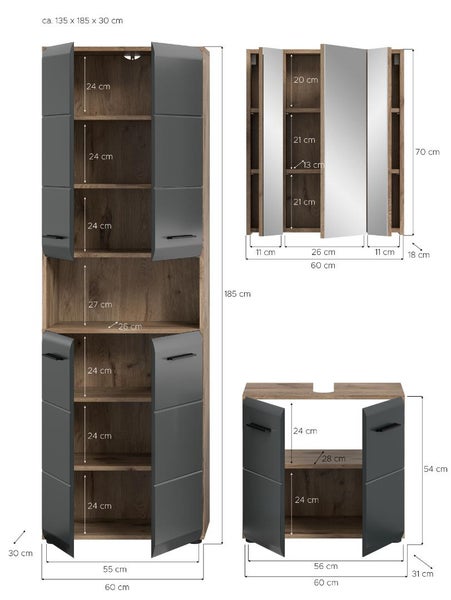 Maßzeichnung eines Badmöbel-Sets bestehend aus Hochschrank, Spiegelschrank und Waschbeckenunterschrank mit Zentimeterangaben.
