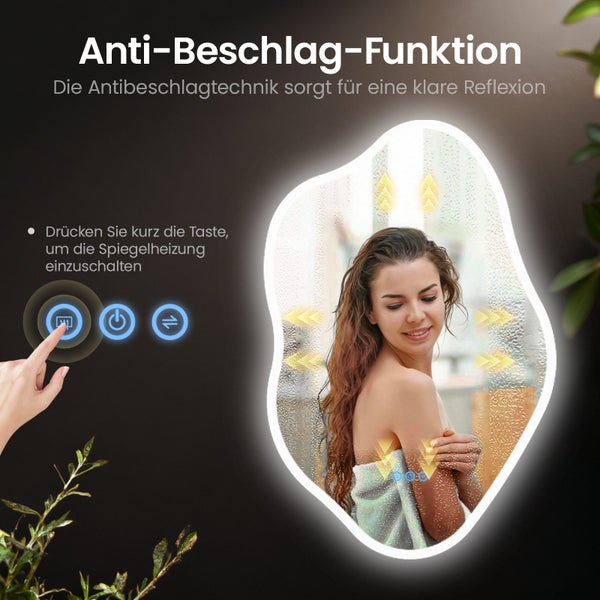 Badezimmerspiegel mit Antibeschlagfunktion und LED Beleuchtung bei Bedienung durch Fingertipp auf Touch Schalter.