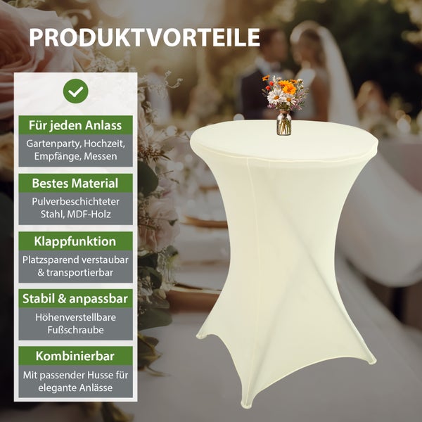 Set Stehtisch klappbar Ø 80 cm in Weiß & Husse Beige bügelfrei Gastrotisch Bistrotisch Partytisch