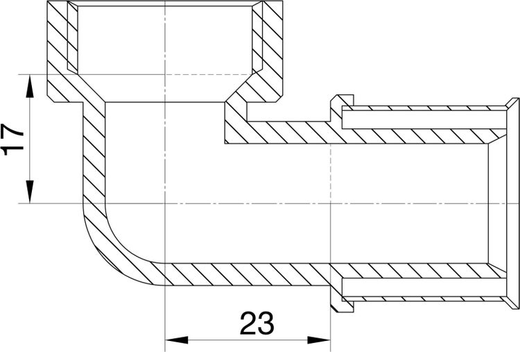 Technische Zeichnung eines 90 Grad Rohrkrümmers mit den Maßen 17 und 23.