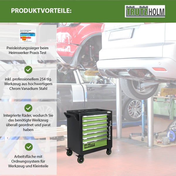Trutzholm Werkstattwagen Premium plus in heller Autowerkstatt, inklusive 254-teiligem Werkzeugset aus Chrom-Vanadium-Stahl, mobil auf Rollen.