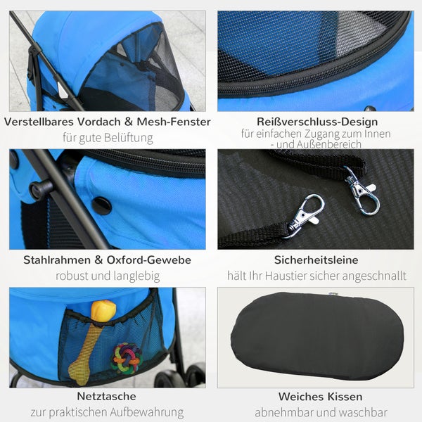 PawHut Hundewagen, 82L x 47B x 97H cm, Oxford-Gewebe, Stahl, Blau