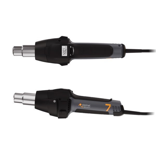 Steinel Heißluftgebläse PRO HG 2620 E in Schwarz und Grau mit Digitalanzeige, Ansicht von oben und von der Seite.