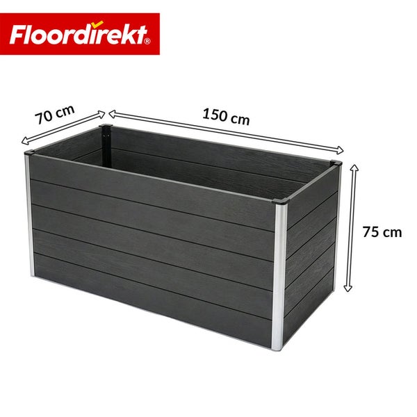 Rechteckiger, grauer Pflanzkasten mit den Maßen 150 mal 70 mal 75 Zentimeter