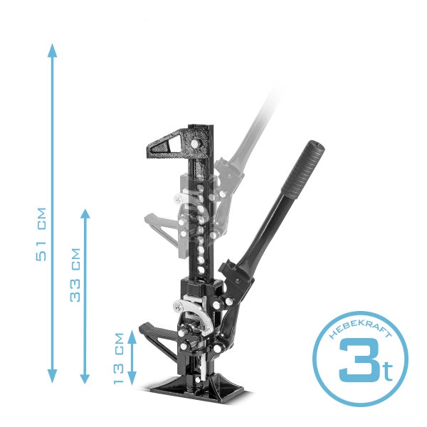 Schwarzer Wagenheber mit den Maßen 51 cm Höhe, 33 cm Hubhöhe und 13 cm Unterfahrhöhe, Tragkraft 3 Tonnen.