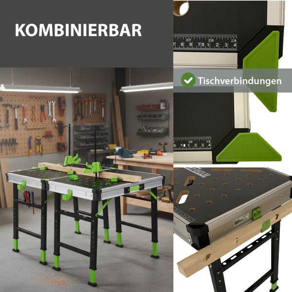 Werkstattszene mit zwei Werkbänken verbunden und Werkzeug an der Wand