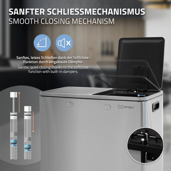 ML-Design Mülleimer Küche 2x30L (60L), Silber, Mülltrennsystem 2 Fächer, Treteimer zur Mülltrennung, Abfalleimer aus Edelstahl, herausnehmbarer Kunststoff Inneneimer, Klappdeckel, Softclose, luftdicht