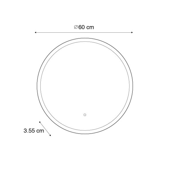 Zeichnung eines runden Spiegels mit einem Durchmesser von 60 Zentimetern und einer Tiefe von 3,55 Zentimetern