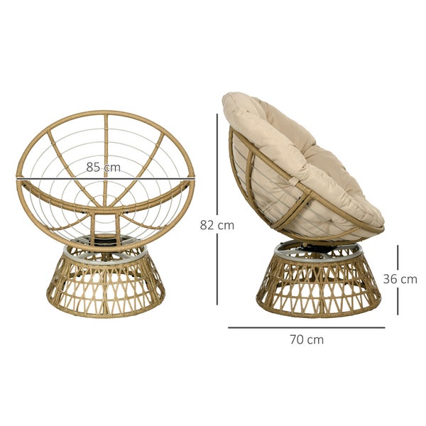 Papasan Sessel in Rattanoptik, beiges Polster. Breite 85 Zentimeter, Höhe 82 Zentimeter, Sitzhöhe 36 Zentimeter, Tiefe 70 Zentimeter.
