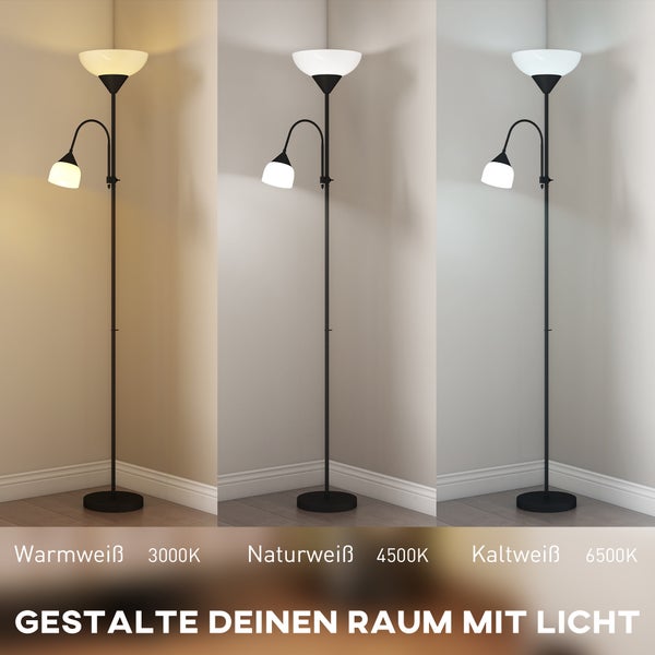 Schwarze Stehleuchte mit Fluter und Leselampe in drei Farbtemperaturen: Warmweiß 3000 Kelvin, Naturweiß 4500 Kelvin und Kaltweiß 6500 Kelvin.